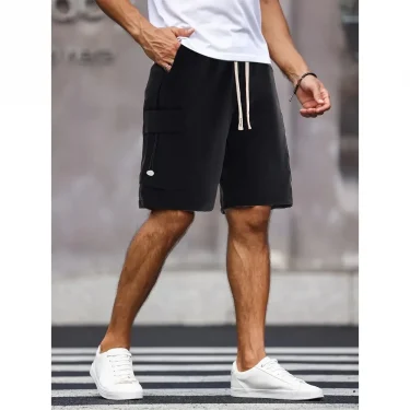 Summer Men's Cargo Shorts Multiple Pockets Casual Shorts Running Solid Color Elastic Waist Drawstring Short Pants Streetwear 1