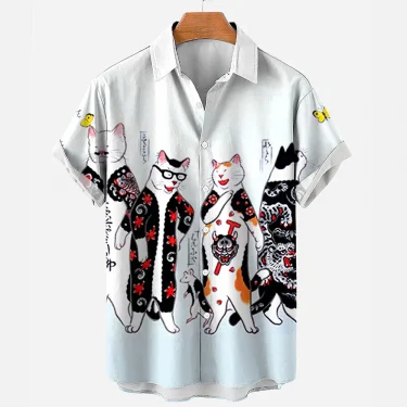 Cartoon Animal Cat Print men's Shirts Summer Anime Vintage Clothing Lapel Hawaiian Beach Shirt Men's Casual Short Sleeved Tops 4