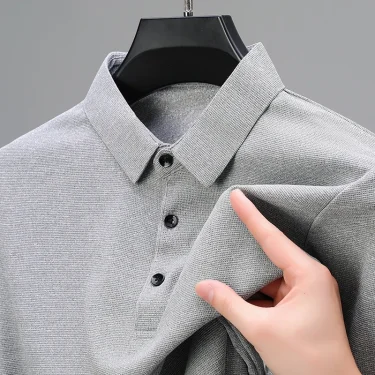 Men's Fashion Waffle Solid Long Sleeved Polo Shirt Summer Breathable Comfortable Top 1