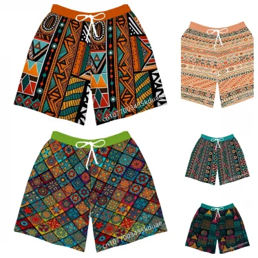 Men's Beach Shorts African Tribe Ankara Pattern Summer Hawaii Men's Pants Elastic Waist 3D Printed Breathable Short Streetwear 1