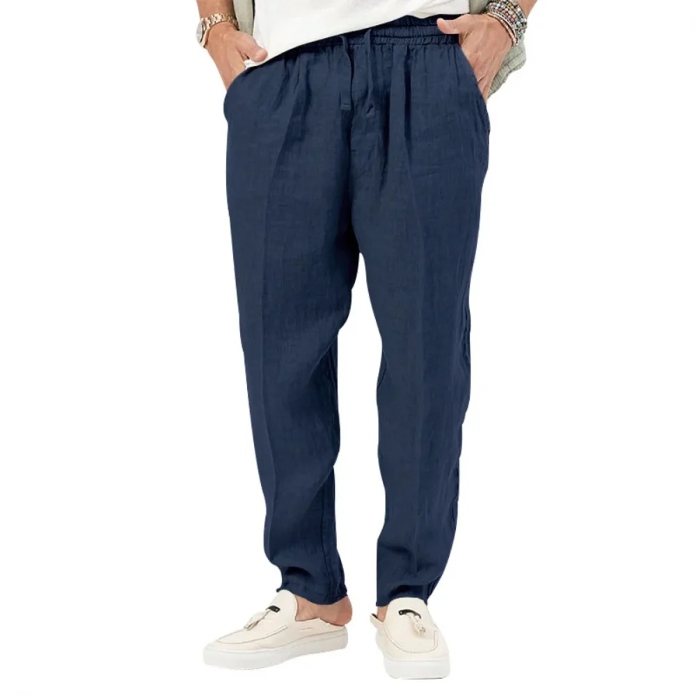 Men's Summer New Style Casual Cotton-Linen Long Pants Fashionably Loose-Fitting Straight Leg with Elastic Waist Outdoor Sports P 3