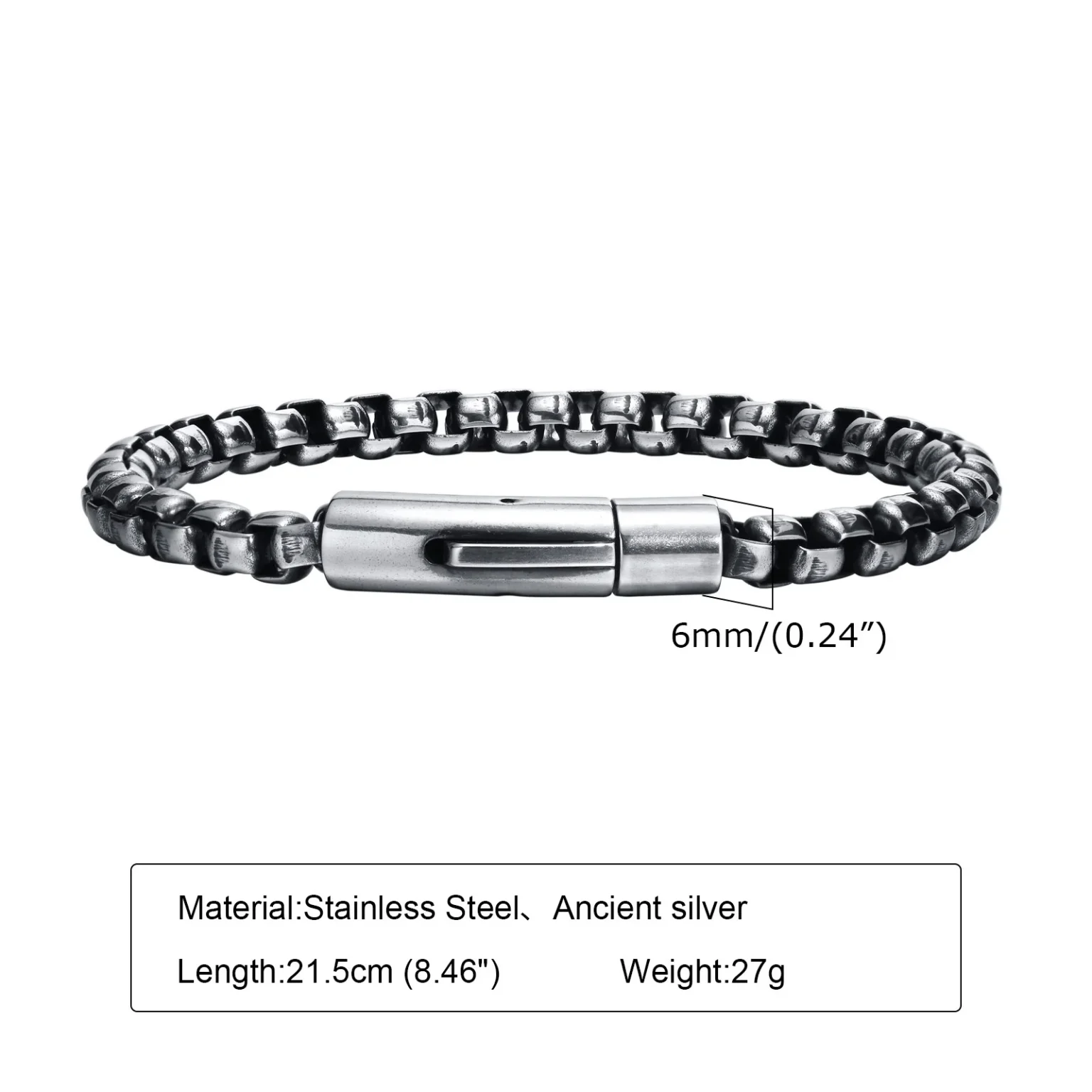 Vnox 6mm Box Chain Bracelets for Men, Basic Punk Stainless Steel Links Wristband, Casual Male Jewelry 4