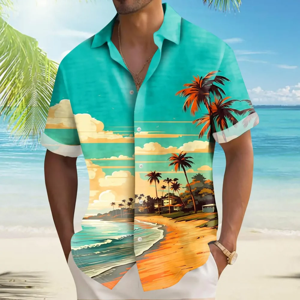 Floral Coconut Tree 3D Printed Shirt Summer Vacation Loose Lapel Short Sleeve Hawaiian Shirt Men's Party Casual Versatile Tops 3