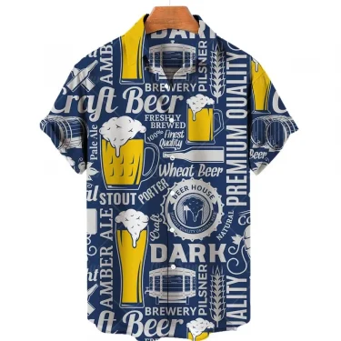 Beer Festival Harajuku Shirts For Men 3D Print Short Sleeve Tees Summer Hawaiian Beach Style Single-Breasted Tops Lapel 4