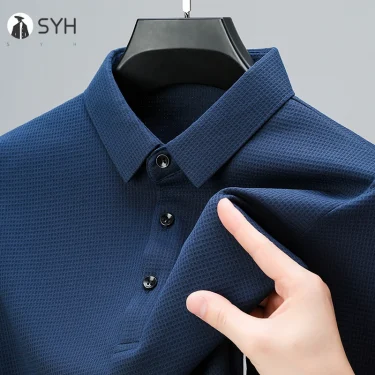 New Men's Business Fashion Casual Long Sleeved Shirt Solid Color Polo Shirt Fashionable Breathable Comfortable Versatile Top 2