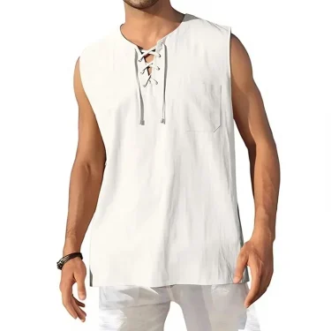 Men's Lightweight Tank Tops Sleeveless BreathableT-Shirt Lace-up Design Solid Color Shirt Loose Fit Vest Daily Vest Men Clothing 5