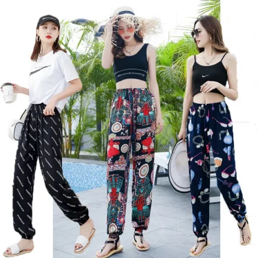 Women's Mosquito-proof Cotton Silk Beach Summer Casual Flower Pants Artificial Cotton Summer Sleeping Pants Thin Adult Bloomers 1