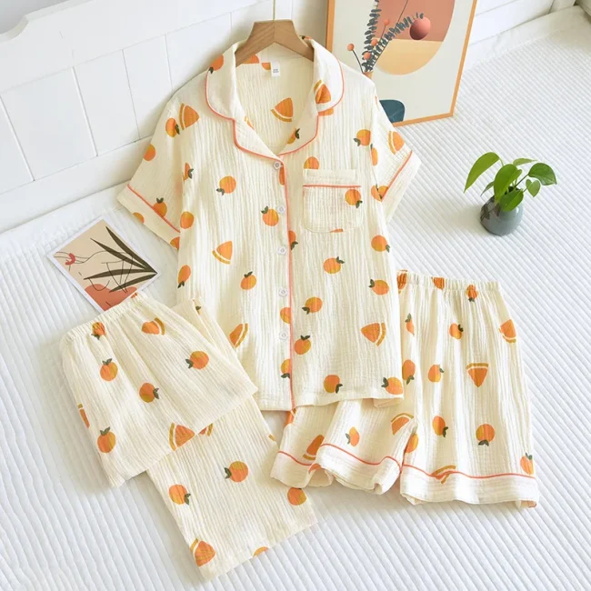New summer women's cotton crepe three-piece short sleeve + shorts + trousers large size simple flower pajamas home service suit 3