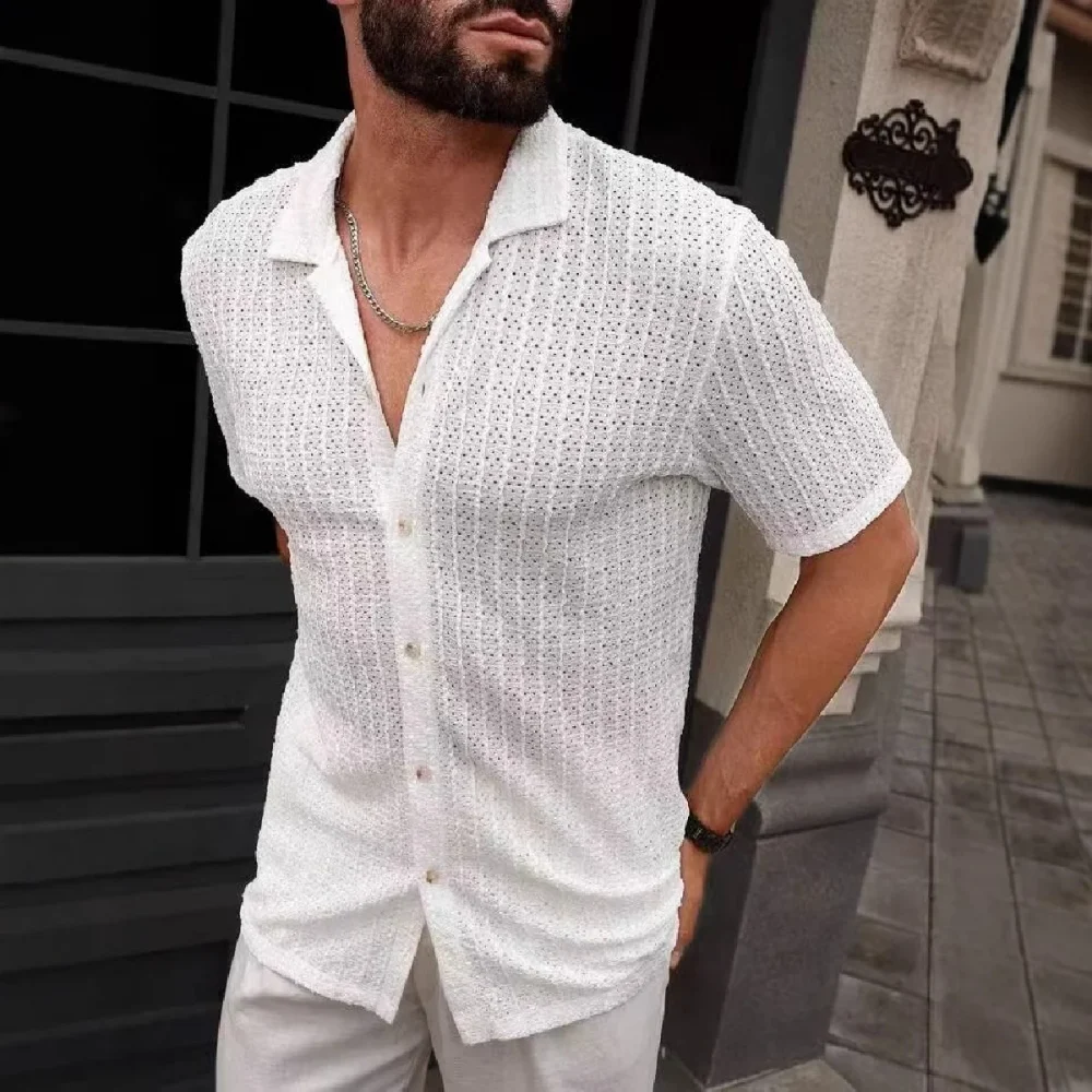 Summer's new fashionable and luxurious solid-color perforated breathable men's knitted short-sleeved shirt 5