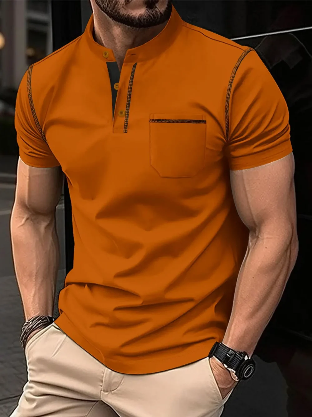 Summer New Men Henry collar short sleeve golf POLO shirt personality pocket style casual breathable sports street fashion top 1