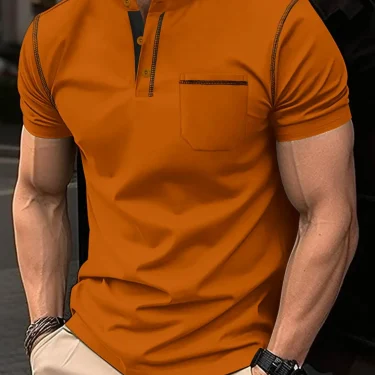 Summer New Men Henry collar short sleeve golf POLO shirt personality pocket style casual breathable sports street fashion top 1