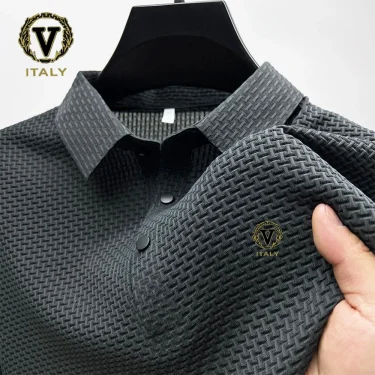 Trendy Printing Ice Silk Elastic Polo Shirt 2024 Summer T-shirt Men's Clothing Short Sleeved 3