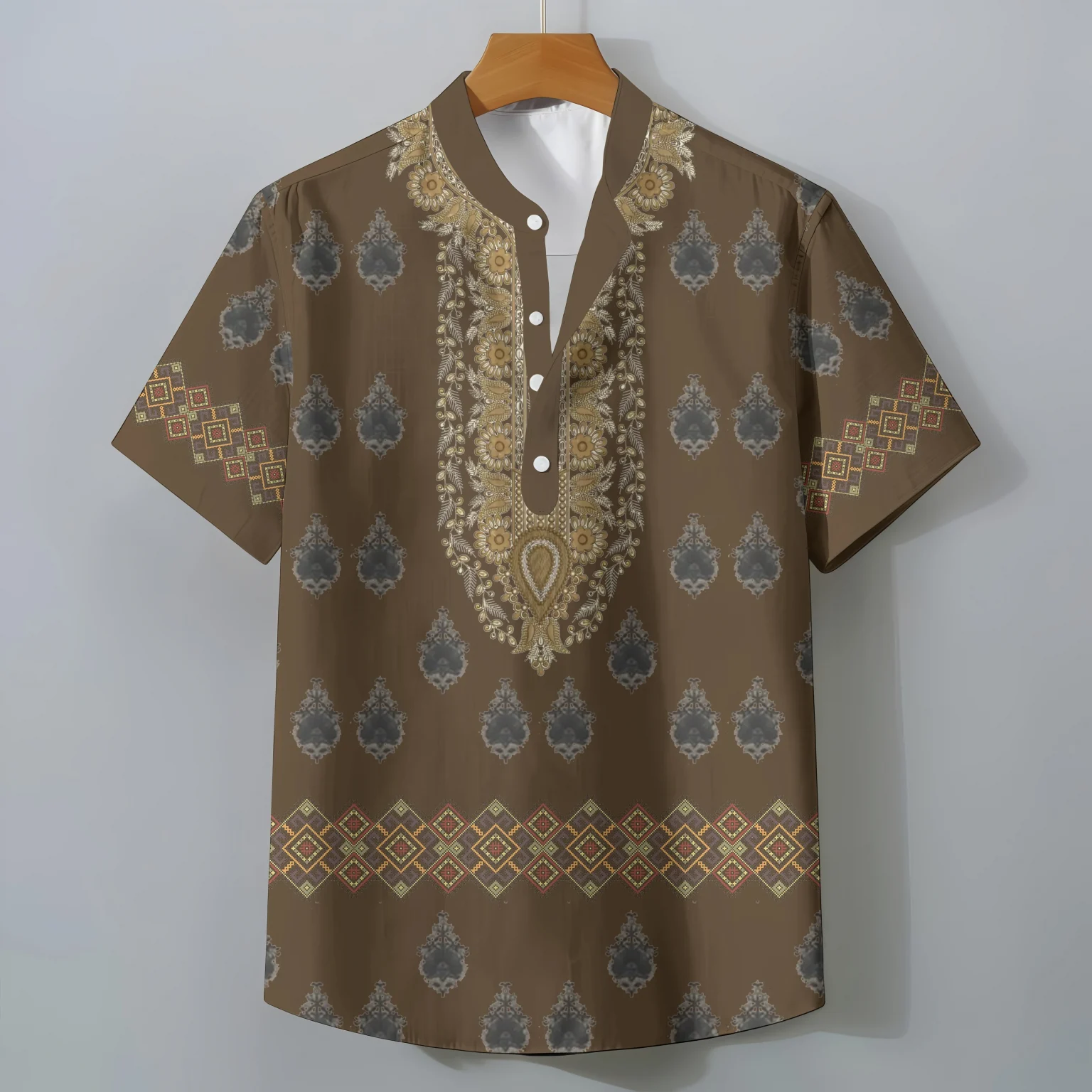 Exotic Ethnic Print Oversized Men's Retro Short Sleeve Shirt Casual Loose Summer Top Comfortable Fashionable Clothing Tee 1