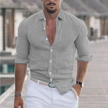 Spring Autumn Men's Quality Shirt Pure Cotton Single Breasted Hawaii Vacation Casual Loose Solid Color Lapel Long Sleeve Tops 2