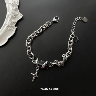 2024 Retro Black Zircon Star Bracelet For Women Men Trend Titanium Steel Punk Nk Chain Unisex Jewelry New Couple Accessories 5
