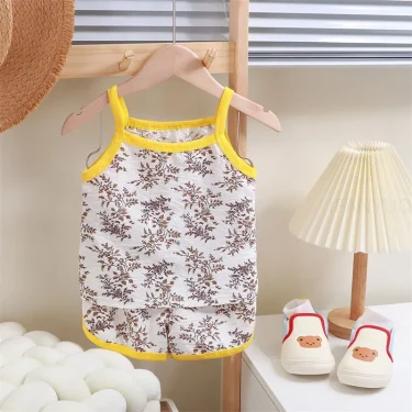 Summer Children Sling Shorts Set Fashion Flower Girls Kids Cotton Thin Breathable Pajamas Cute Cartoon Baby Toddler Home Clothes 3