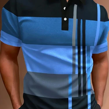 2025 Men'S Casual Geometric Print Knit Polo-Style Shirt with Lapel Collar and Slight Stretch -Polyester Material - Regular Fit 5