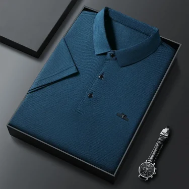 New Men's Business Casual Short Sleeved Shirt with Badge Solid Color Polo Shirt Fashionable Breathable Comfortable Versatile Top 5