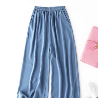 Birdtree Summer 100% Silk Crepe Dechine Pants Women Wide Leg Casual Trousers Solid Elastic Waist Cropped Pant New 2023 B35852C 3