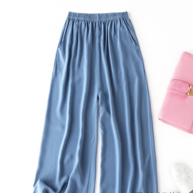 Birdtree Summer 100% Silk Crepe Dechine Pants Women Wide Leg Casual Trousers Solid Elastic Waist Cropped Pant New 2023 B35852C 3