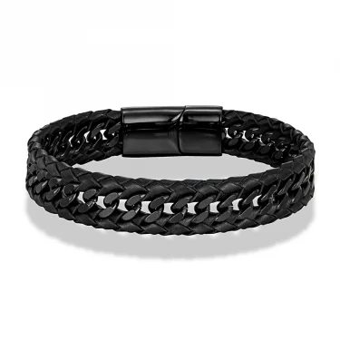 MKENDN Punk Men Braided Woven Black Leather Bracelets Black Stainless Steel Bangle for Friend Charm Fashion Jewelry Gifts 5