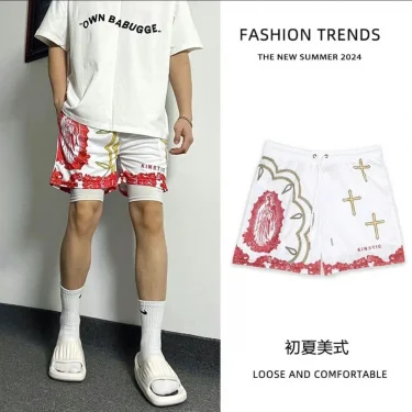 Basketball American Beach Pants Sports Print National Trend Training Trend Running Loose Four-Cubic Shorts Quick Dry Breathable 5