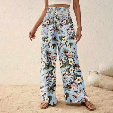 Boho Fashion Floral Printed Wide Leg Pants Women Casual Elastic High Waist Straight Trouser Beach Vocation Plus Size Loose Pants 6