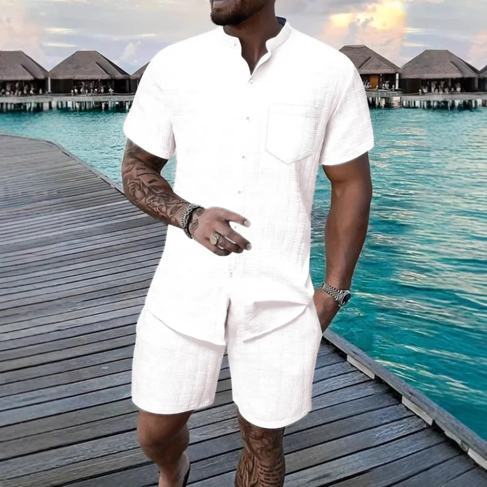 Fashion casual shirt short sleeve shorts suit men's stand collar shirt can cardigan outdoor beach two-piece set 4