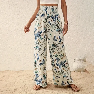 Boho Fashion Floral Printed Wide Leg Pants Women Casual Elastic High Waist Straight Trouser Beach Vocation Plus Size Loose Pants 1