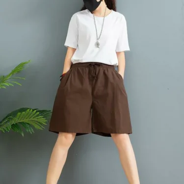Summer Women's Cotton Linen Wide-leg Shorts Fashion Solid Joker Casual Elastic Waist Lace-up Short Pants Holiday Beach Shorts 2