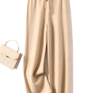 Autumn Winter Women's Cashmere Wide Leg Pants Basic Soft Casual Sashes Trousers 100% Merino Wool Knitwear Korean Popular Pants 1