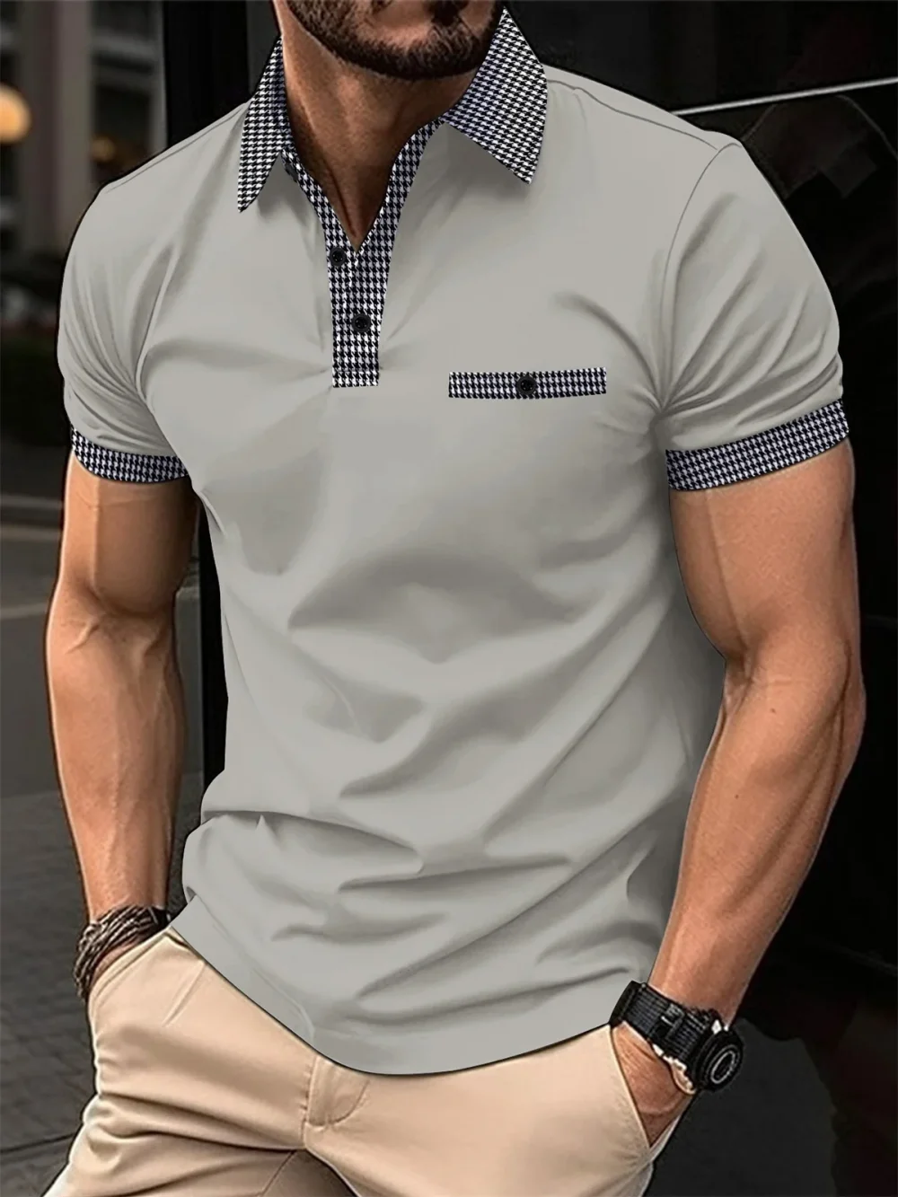A simple solid-color short-sleeved men's casual sports POLO shirt with a checkered patchwork button lapel in summer 2