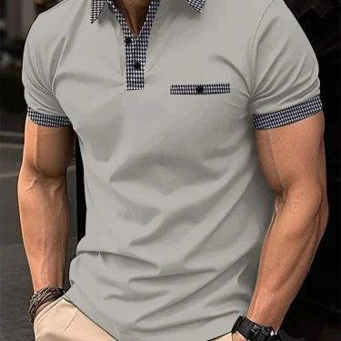 A simple solid-color short-sleeved men's casual sports POLO shirt with a checkered patchwork button lapel in summer 2