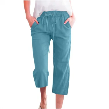 Pants For Women Casual Summer Solid Color Elastic High Waist Cotton And Linen Loose Pants Drawstring Pocket Mid Leg Pants 4