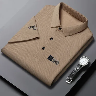 New Men's Business Casual Short Sleeved Shirt with Badge Solid Color Polo Shirt Fashionable Breathable Comfortable Versatile Top 2