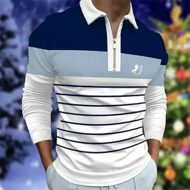 Striped Color Blocked Printed Fashionable Single Item Men's Long Sleeved Top T-shirt Autumn and Winter Men's Zipper Long Sleeved 2