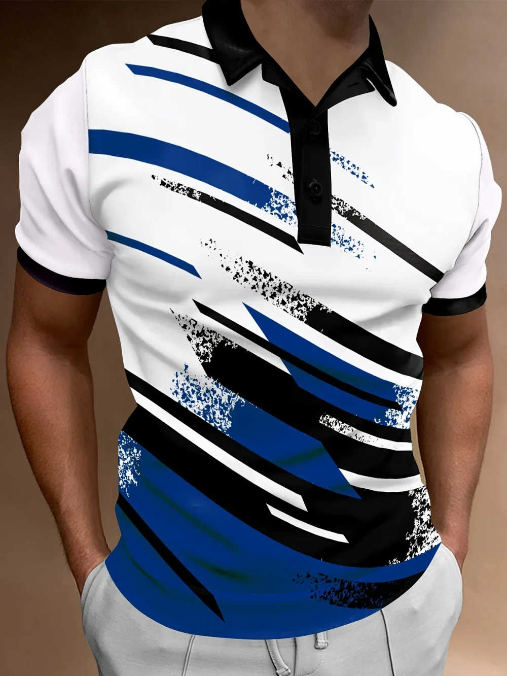 Men'S Summer Fashion Polo Shirt, Casual Geometric Stripe Pattern, Short Sleeve,Knit Polyester Fabric,Button Placket, 3