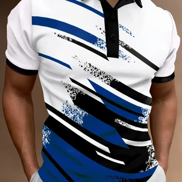 Men'S Summer Fashion Polo Shirt, Casual Geometric Stripe Pattern, Short Sleeve,Knit Polyester Fabric,Button Placket, 3