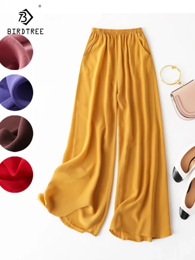Birdtree Summer 100% Silk Crepe Dechine Pants Women Wide Leg Casual Trousers Solid Elastic Waist Cropped Pant New 2023 B35852C 1