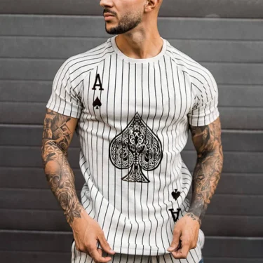 Poker Spade and King Summer Hot Sales Men's Vertical Striped T-shirt Round Neck Fashion Short Sleeve Street Wear 1