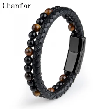 Natural Stone Bracelet Genuine Leather Braided Bracelets Black Stainless Steel Magnetic Clasp Tiger eye Bead Bangle Men Jewelry 2