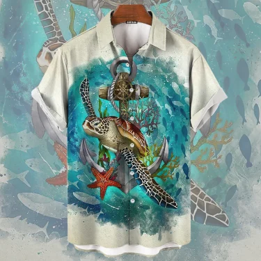 Turtle Print Short Sleeved Shirt Casual Design Harajuku men's Oversized Top Summer Fashion hip-hop Street men's Shirts 3