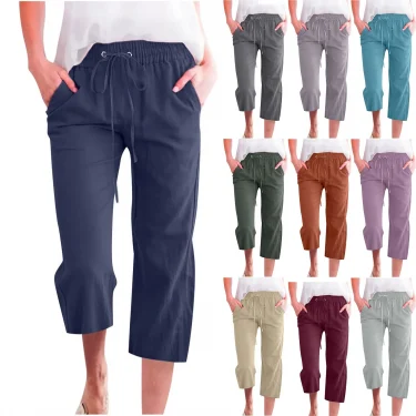 Pants For Women Casual Summer Solid Color Elastic High Waist Cotton And Linen Loose Pants Drawstring Pocket Mid Leg Pants 1