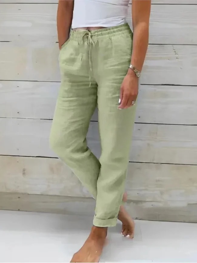 Women's High Waist Solid Color Cotton Linen Casual Pants Fashion Summer Female Holiday Casual Long Pant New 1