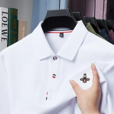 100% pure cotton summer men's honey bee embroidered short sleeved new business casual polo shirt slim fit breathable T-shirt top 1