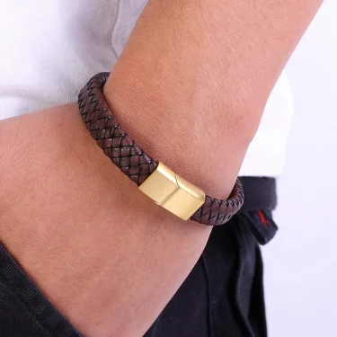 XQNI Fashion Jewelry Combination Brown Color Leather Stainless Steel Buckle Men Bracelet Hot Selling For Birthday Simple Gift 2