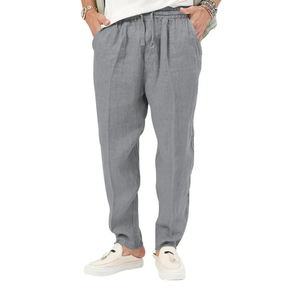 Men's Summer New Style Casual Cotton-Linen Long Pants Fashionably Loose-Fitting Straight Leg with Elastic Waist Outdoor Sports P 4