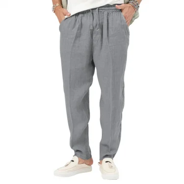 Men's Summer New Style Casual Cotton-Linen Long Pants Fashionably Loose-Fitting Straight Leg with Elastic Waist Outdoor Sports P 4
