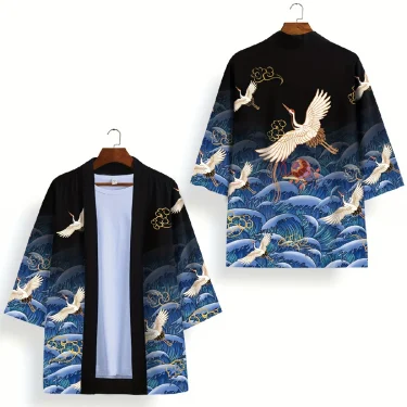 Animal Bird Patterns Crane Waves Asian Traditional Costume Print Kimono Men Women Yukata Haori Harajuku Cosplay Cardigan Costume 1