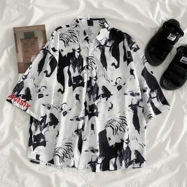 Men Street Fashion Summer Daily Shirt Hawaiian Cartoon Print Casual Loose Shirts Short Sleeve Beach Loose Tops 3